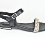 KSF 009 Μαυρα Δερματινα Πεδιλα με Χειροποιητα Διακοσμητικα με Λεπτη Διπλη Μπαρετα και Strass