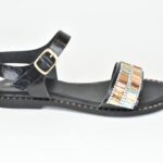 KSF 005 Μαυρα Δερματινα Πεδιλα με Χειροποιητα Διακοσμητικα Διπλη Μπαρετα και Strass