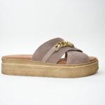 Χειροποιητες Δερματινες Παντοφλες Castor Χιαστι με Διακοσμητικες Αλυσιδες Artistic 1021 Γκρι/Μπεζ