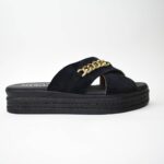 Χειροποιητες Δερματινες Παντοφλες Castor Χιαστι με Διακοσμητικες Αλυσιδες Artistic 1021 Μαυρο