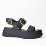 Χειροποιητα Δερματινα Flatform Πεδιλα με Διπλη Baretta και Μεταλλικες Τοκες στο Κουτεπιε Σχεδιο 94592 Μαυρο/Black